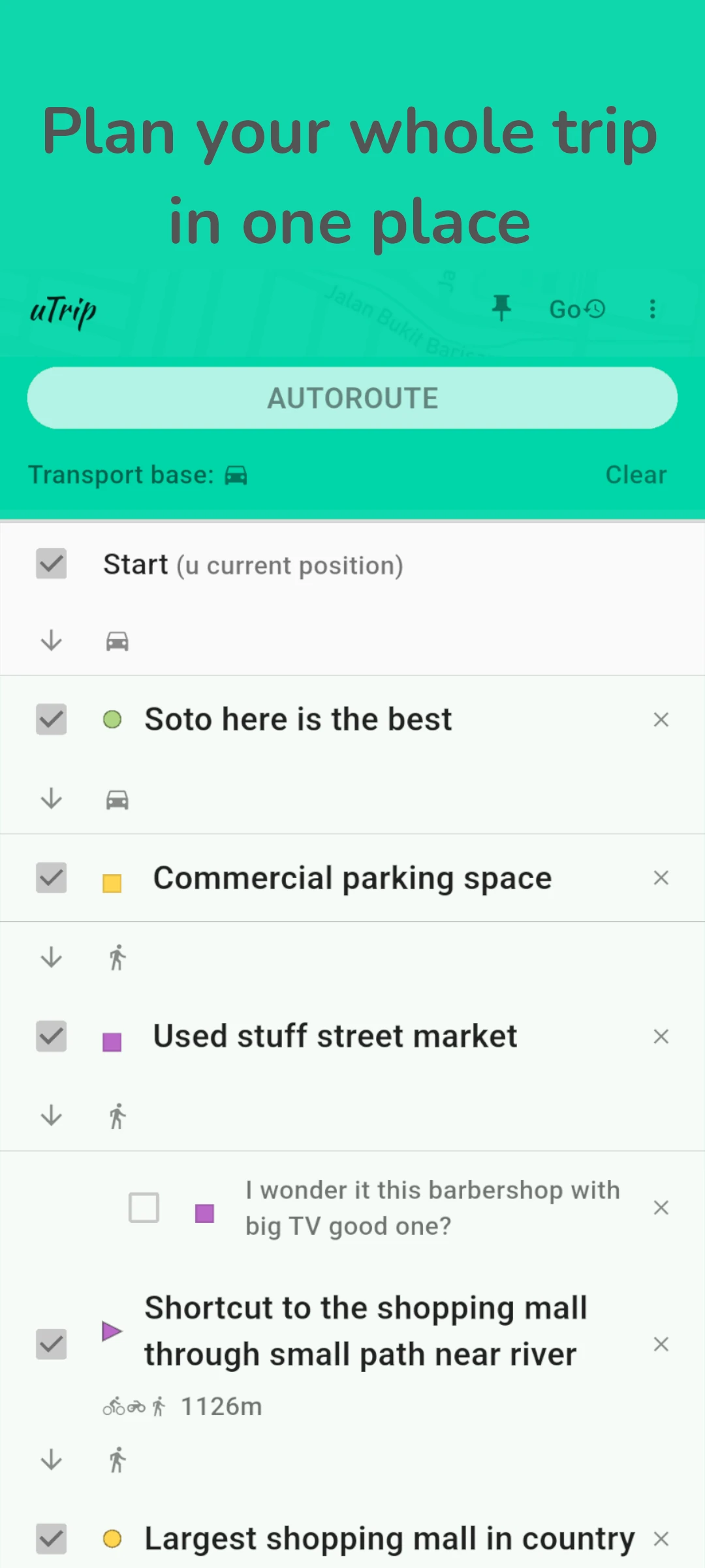 screenshot of trip planner
